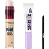 Kazan Hobi Maybelline New York Instant Anti Age Eraser Kapatıcı - 00 Ivory & Maybelline New York Super Lock Brow Glue Kaş Sabitleyici Maskara & Maybelline Tattoo Mini Jel Göz Kalemi Hediyeli