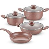 Kazan Hobi Papilla Argos 7 Parça Tencere ve Tava Seti - Pembe Kırçıl Renkli Yanmaz Yapışmaz Çeyiz Paketi Cam Kapaklı (20/24/26 cm Tencere + 26 cm Tava)