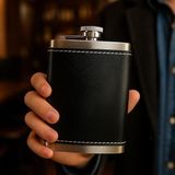 Kazan Hobi Perlotus 8 Oz 235 cc Hunili Siyah Hakiki Deri Kılıflı Çelik Viski Içki Matarası