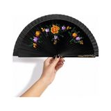 Kazan Hobi Siyah Zeminli Katlanabilir El Yelpazesi Sarı Mavi Çiçek Desenli Ahşap Saplı Dekoratif El Yelpazesi 40X22 cm Geleneksel Tasarım - Çok Renkli