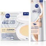 Kazan Hobi SPF15 Cellular Expert Finish Cushion Renkli Yüz Bakım Kremi 15ML ve Göz Bakım Kremi 15ML, Açık Ton