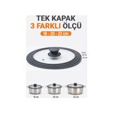 Kazan Hobi Tencere, Silikon Kenarlı 3 Ölçü Cam Kapağı 18-20-22 cm - Çok Renkli - 10 x 10 cm