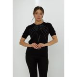 Kazee Kadın Taş Süslemeli Kısa Kollu Triko Kazak 31726 Siyah - XL