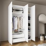 KB6040 GOSS 135 cm Beyaz Kapaklı Gardırop, 3 Kapaklı, 2 Çekmeceli, 5 Raflı, Askılı Elbise Dolabı