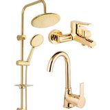 Kca Altın Gold Yuvarlak Robot Duş Seti, Banyo ve Lavabo Bataryası Musluğu Çeşmesi 3'lü Set