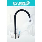 KCA ARMATÜR Duvardan Tek Su Çıkışlı - Siyah Spiral Hareketli - Borulu Mutfak Lavabo Bataryası Musluğu Çeşmesi