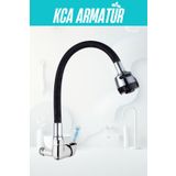 KCA ARMATÜR Kca Duvardan Tek Su Çıkışlı Siyah 2 Fonksiyonlu Spiral Oynar Borulu Lavabao Mutfak Bataryası Musluğu