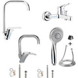 Kca Armatür Kca Köşe Borulu Mutfak Lavabo Banyo Bataryası Musluğu Duş Başlığı 4'lü Ful Set - Krom