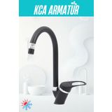 Kca Armatür Kca Siyah Krom Oynar Başlıklı Mutfak Eviye Bataryası Musluğu Çeşmesi