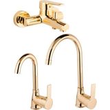 Kca Gold Altın Mutfak Eviye, Lavabo ve Banyo Bataryası Musluğu Çeşmesi Çift Su Girişli 3'lü Set