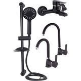 Kca Siyah Krom Sürgülü Duş, Mutfak, Banyo, Lavabo 4'lü Set
