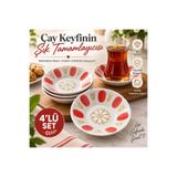 KEA 4’lü Porselen Çay Tabağı Seti Kırmızı Gold Desenli Şık Çay Bardağı Altlığı