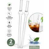 Kea Ev Eşyaları 2'li Cam Pipet Seti 20 cm Gülen Yüz Figürlü Şeffaf Cam Içecek Pipeti Tekrar Kullanılabilir