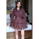 Kechi Woman Double Kumaş Dantel Detay Gömlek Elbise - Kahverengi - S - Model Kodu: KW2817