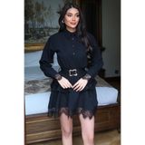 Kechi Woman Double Kumaş Dantel Detay Gömlek Elbise - Siyah - L - Model Kodu: KW2817