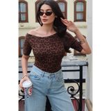 Kechi Woman Leopar Desenli Transparan Düşük Omuz Bluz - Kahverengi - L - Model Kodu: KW2887