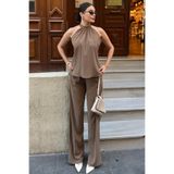 Kechi Woman Linda Twil Kumaş Halter Yaka Takım - Kahverengi - L - Model Kodu: KW2939