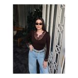 Kechi Woman Transparan Kumaş Dantel Detaylı Bluz - Kahverengi - M - Model Kodu: KW2891