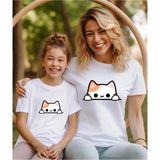 Kedi Baskılı Anne Kız T-Shirt (Tekli Üründür Kombin Yapmak Için 2 Adet Sepete Ekleyiniz) - Beyaz