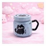 Kedi Baskılı Kapaklı Seramik Kupa Bardak Kawaii Tasarım Kahve Fincanı Hediyelik Ofis (Mavi-Gold)