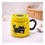 Kedi Baskılı Kapaklı Seramik Kupa Bardak Kawaii Tasarım Kahve Fincanı Hediyelik Ofis (Sarı-Ekru)