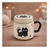 Kedi Baskılı Kapaklı Seramik Kupa Bardak Kawaii Tasarım Kahve Fincanı Hediyelik Ofis (Tatlı Beyaz)