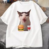 Kedi Çıtır Gıda Meme T-Shirt Kadın Erkek Aptal T Shirt Komik Kedi Yeme T-Shirt Pamuk Kısa Kol 2848 - Beyaz