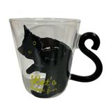Kedi Desenli Cam Kupa, Siyah Kedi Tasarımlı, Kedi Kuyruklu Kulp, 250 ml, 9 cm Yükseklik