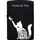 Kedi Desenli Kişiye Özel Isimli Benzinli Siyah Metal Çakmak MP19