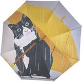 Kedi Desenli Şemsiye Rüzgara Dayanıklı Çanta Boy Bayan Şemsiyesi - Sarı - Gri