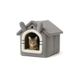 Kedi Evi Yumuşak Kedi Yatağı | Peluş Derin Uyku Evi, Çıkarılabilir Minderli, Isı Yalıtımlı Kışlık Ev | Katlanır Kedi Evi (gri)