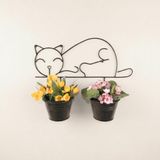 Kedi Figürlü Duvar Saksılığı - Metal Askılı İkili Saksı ve Çiçeklik (Siyah)