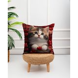 Kedi Fotoğraflı Kalp Desenli Dijital Baskılı Dekoratif Kırlent Yastık Kılıfı