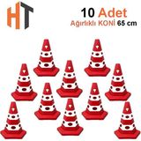 Kedi Gözlü Altıgen Trafik Konisi 65 cm Trafik Dubası-10 Adet - Kırmızı - Beyaz