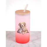 Kedi Köpek Aşkı Baskılı 600 ml Cam Matara- Su Matarası, Suluk Matara, Cam Pipetli Matara