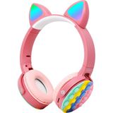 Kedi Kulaklık Bluetooth Kablosuz Mikrofonlu Rgb Renkli LED Işıklı Hafıza Kart Girişli Kulaklık - Pembe