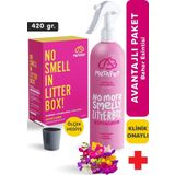 Kedi Kumu Koku Giderici Set, Kokusuz Kedi Kumu için Aktif Karbon (420 gr) ve Bahar Esanslı Sprey