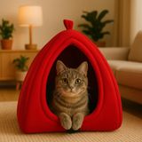 Kedi Mağarası Siyah Polar Kedi ve Köpek Yatağı Yumuşak ve Sıcak Evcil Hayvan Yatak Minderi (Kırmızı)