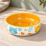 Kedi Mama ve Su Kabı Seramik Porselen Kase, 600 ml, 15 cm, Sırlı Yüzey, Bulaşık Makinesinde Yıkanabilir, Desenli, Geniş Ağızlı, Kaymayan Ağırlıkta, Sari