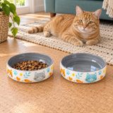 Kedi Mama ve Su Kabı Seramik Porselen Kase İkili Set, 600 ml, 15 cm, Sırlı Yüzey, Bulaşık Makinesinde Yıkanabilir, Desenli, Geniş Ağızlı, Kaymayan Ağırlıkta, Antrasit