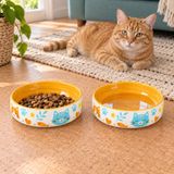 Kedi Mama ve Su Kabı Seramik Porselen Kase İkili Set, 600 ml, 15 cm, Sırlı Yüzey, Bulaşık Makinesinde Yıkanabilir, Desenli, Geniş Ağızlı, Kaymayan Ağırlıkta, Sari
