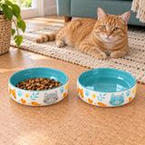Kedi Mama ve Su Kabı Seramik Porselen Kase İkili Set, 600 ml, 15 cm, Sırlı Yüzey, Bulaşık Makinesinde Yıkanabilir, Desenli, Geniş Ağızlı, Kaymayan Ağırlıkta, Turkuaz