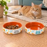 Kedi Mama ve Su Kabı Seramik Porselen Kase İkili Set, 600 ml, 15 cm, Sırlı Yüzey, Bulaşık Makinesinde Yıkanabilir, Desenli, Geniş Ağızlı, Kaymayan Ağırlıkta, Turuncu