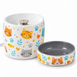 Kedi Porselen Su Pınarı ve Mama Kabı 2'li Set Otomatik Filtreli Pompalı Seramik Su Sebili, 1.3 L, 600 ml Kase, LED Işıklı, Antrasit-kedi