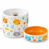 Kedi Porselen Su Pınarı ve Mama Kabı 2'li Set Otomatik Filtreli Pompalı Seramik Su Sebili, 1.3 L, 600 ml Kase, LED Işıklı, Sari-Kedi