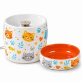 Kedi Porselen Su Pınarı ve Mama Kabı 2'li Set Otomatik Filtreli Pompalı Seramik Su Sebili, 1.3 L, 600 ml Kase, LED Işıklı, Turuncu-kedi