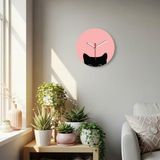 Kedi Tasarımlı Duvar Saati - Pembe ve Siyah - Sessiz Mekanizma - Pink Cat Hediyelik Duvar Saati