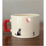 Kedi ve Balon Temalı Kırmızı Kulplu Fincan Kupa Bardak - Seramik Çay, Kahve Hediyelik Bardağı - Krem - 1 Adet