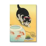 Kedi ve Japon Balığı Kâsesi - Japon Ağaç Baskı - Metal Tablo - Mıknatıslı Montaj - Duvar Dekoru