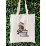Kedi Ve Kitaplar Ham Bez Tote Bag Çanta, Pinterest Çanta, Kitap Çantası - 10D-Krem